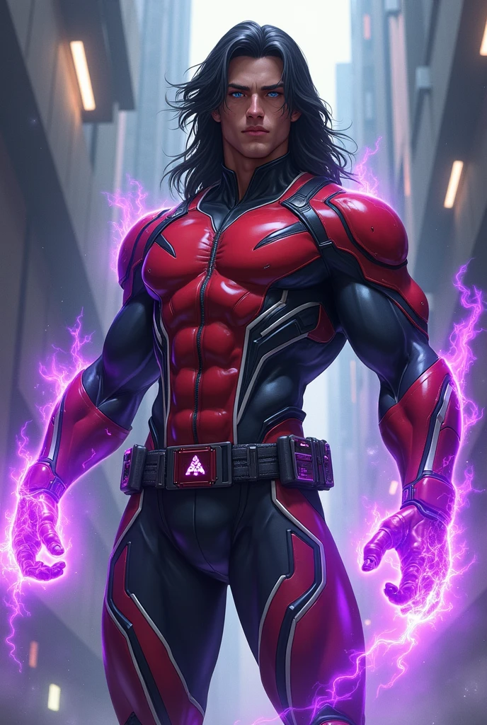 Full body photorealistic handsome hunky young slender futuristic male hero with shoulder length black hair wearing a purple and black costume and wristbands that can create magnetic field super Bulge.