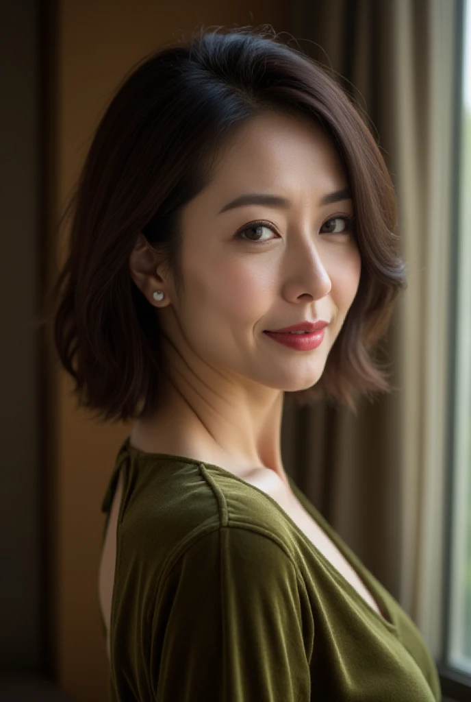 Mature Woman,  Japanese, 48 years old (Mature Beauty: 1.5),  A gentle and seductive smile ,( fine lines of laughter :1.4), Natural Aging 、A warm look, (wavy hair:1.3),  Soft, Natural Wrinkles 、 in the company reception room (1.4),  sharp focus ,  high res,  super detail (1.4),  unrivaled beauty , (Eye Makeup:1.3), (lipstick:1.2), ( eyeshadow), ( mascara),  slim and gentle curves ,  Elegant and elegant posture , Realistic,  realistic  (1.4), masterpiece,  top quality ,  depth of field ,  physically-based rendering,  Fascinating Atmosphere 。　　　　　　　　　　　　　　　　　　　　　　　　　　　　　　　　　　　 Color color design :  Olive green velvet material 。 A luxurious design 、 Bold cut on the back 。

background: 濃い色のカーテンをbackgroundにしたシンプルで洗練された空間。
 pose: Turn your face slightly to the side 、 look slightly further 。