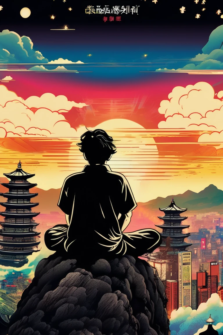 a poster of a 35-year-old man with his back sitting on his back on the top of a mountain meditating in natural, with black hair and a basic, wavy black t-shirt and in the background a distant city with some tall and faint buildings. beautiful  movie poster ,  Key art of the film ,  movie poster without text ,  movie poster ,  movie poster , movie poster style ,  film grain,  concept art of the film , ,  cinematic wallpaper 4k ,  cinematic wallpaper 4k , filmic,  cinematic atmosphere , , film records, vibrant acid colors and Magenda,  inspired by graphic novel ,  Detailed comic art ,, in the style of Japanese woodcuts mixed with realism realism ,  luminous and dreamlike scenes 