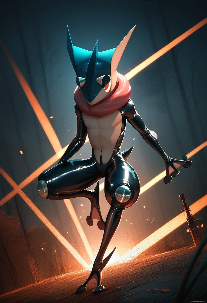 Pay back, Pay back,      high quality illustration  , masterpiece,   super high definition ,     detailed background ,  absurd,  in the woods, perfect anatomy,   performance,  good lighting , Greninja,  rubber suit, latex