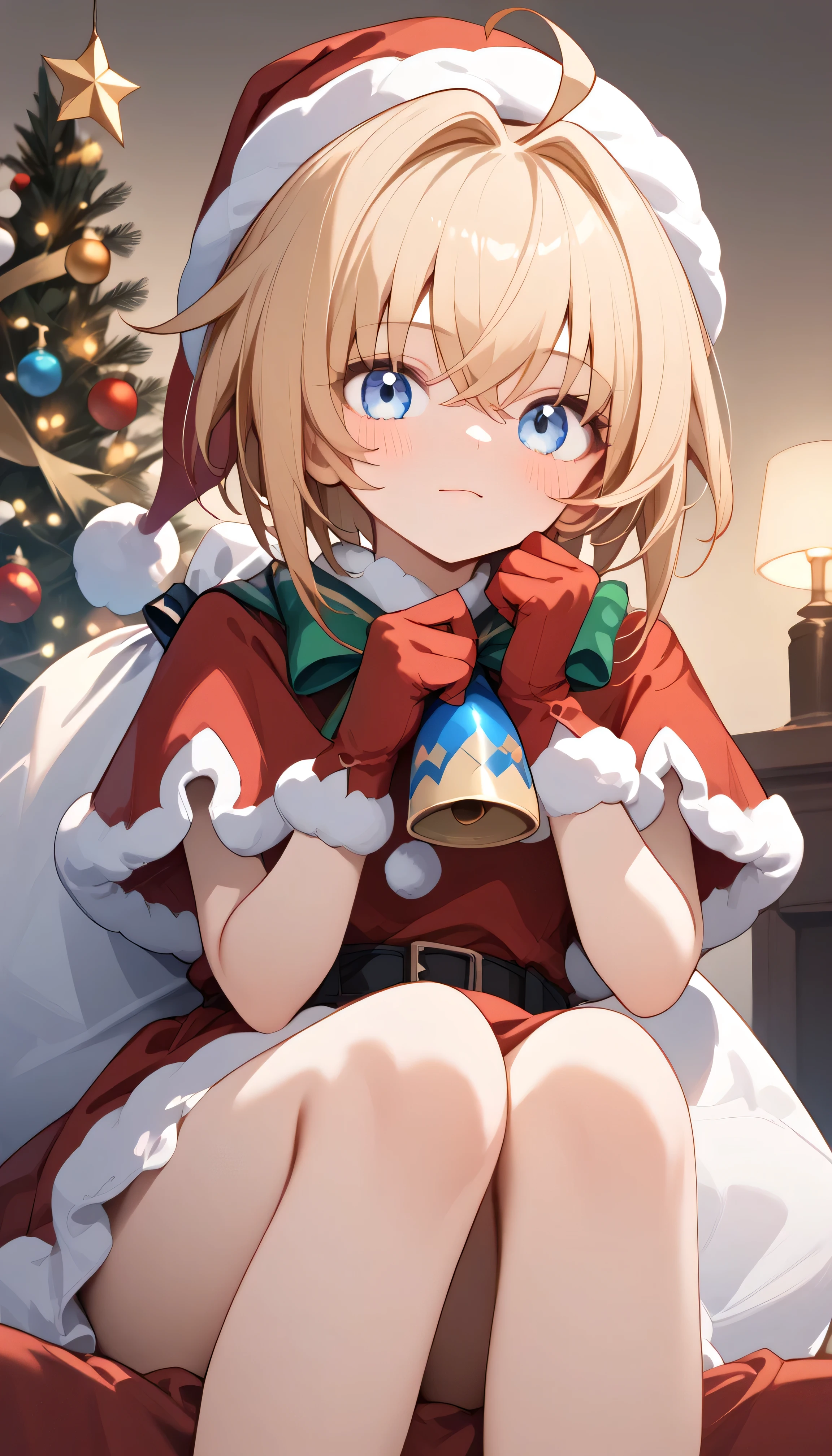 smooth_anime,  lynxlandau , Alone, blonde hair, short hair, ahoge, blue eyes, Alone,  can see her eyebrows through her hair,  hair between eyes,  viewers, masterpiece,  top quality , very aesthetic, santa costume, santa hat, christmas, sack,  Merry Christmas , gift, fur-trimmed headwear, holding sack, santa dress, fur-trimmed dress, christmas tree, christmas tree, fur trim, red capelet, gift box, red gloves, fur-trimmed capelet, santa gloves, red hat, hat,