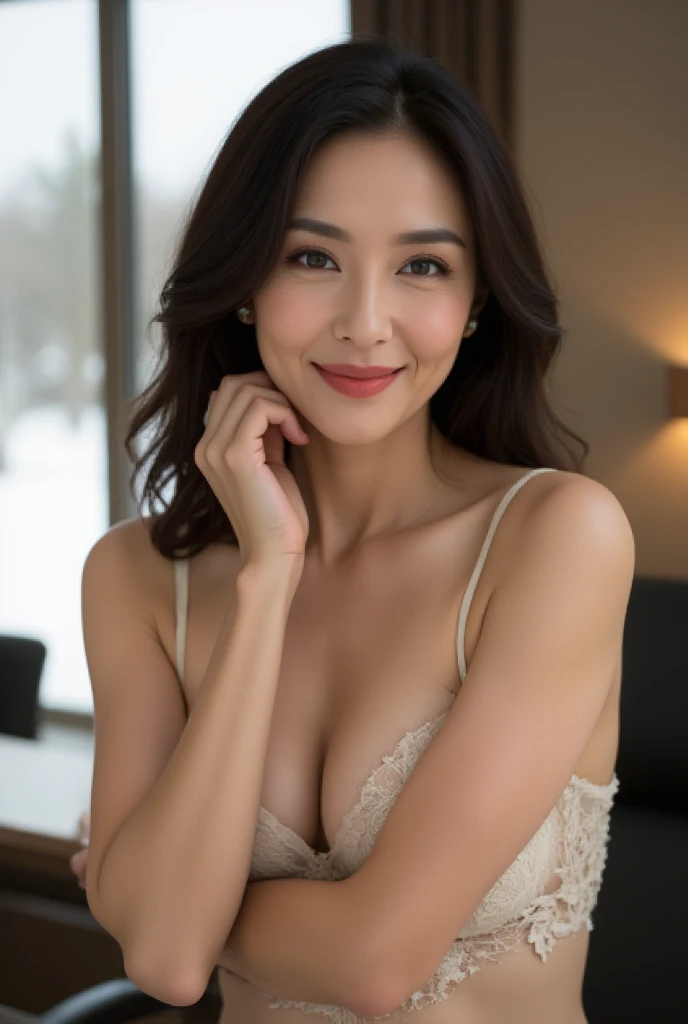 Mature Woman,  Japanese, 48 years old (Mature Beauty: 1.5),  A Gentle and Seductive Smile ,( fine lines of laughter :1.4), Natural Aging 、A warm look, (wavy hair:1.3),  Soft, Natural Wrinkles 、 in the company reception room (1.4),  sharp focus ,  high res,  super detail (1.4),  unrivaled beauty , (Eye Makeup:1.3), (lipstick:1.2), ( eyeshadow), ( mascara),  slim and gentle curves ,  Elegant and elegant posture , Realistic,  realistic  (1.4), masterpiece,  top quality ,  depth of field ,  physically-based rendering,  Fascinating Atmosphere 。　　　　　　　　　　　　　　　　　　　　　　　　　　　　　　　　　　　 Color Color Design :  Simple and elegant design with ivory lace。

background:  Winter Scenery with Snow Piling Up 。白い雪景色の中に、 Warm Light Shines Into a White Snowy Landscape 。
 pose:  Bring your hands close to your face 、 Close your eyes while smiling just a little 。