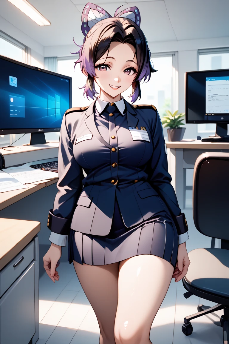 best quality, masterpiece, highres, 1girl,shinobu kocho,((fullbody)),stand up,perfect slim body,smile,large breasts,sexy legs,((office sexy uniform)),looking at viewers,front look,(high detailed skin:1.2), 8k uhd, dslr, soft lighting, high quality, Photograph, high resolution, 4k, 8k, Bokeh, plain white background