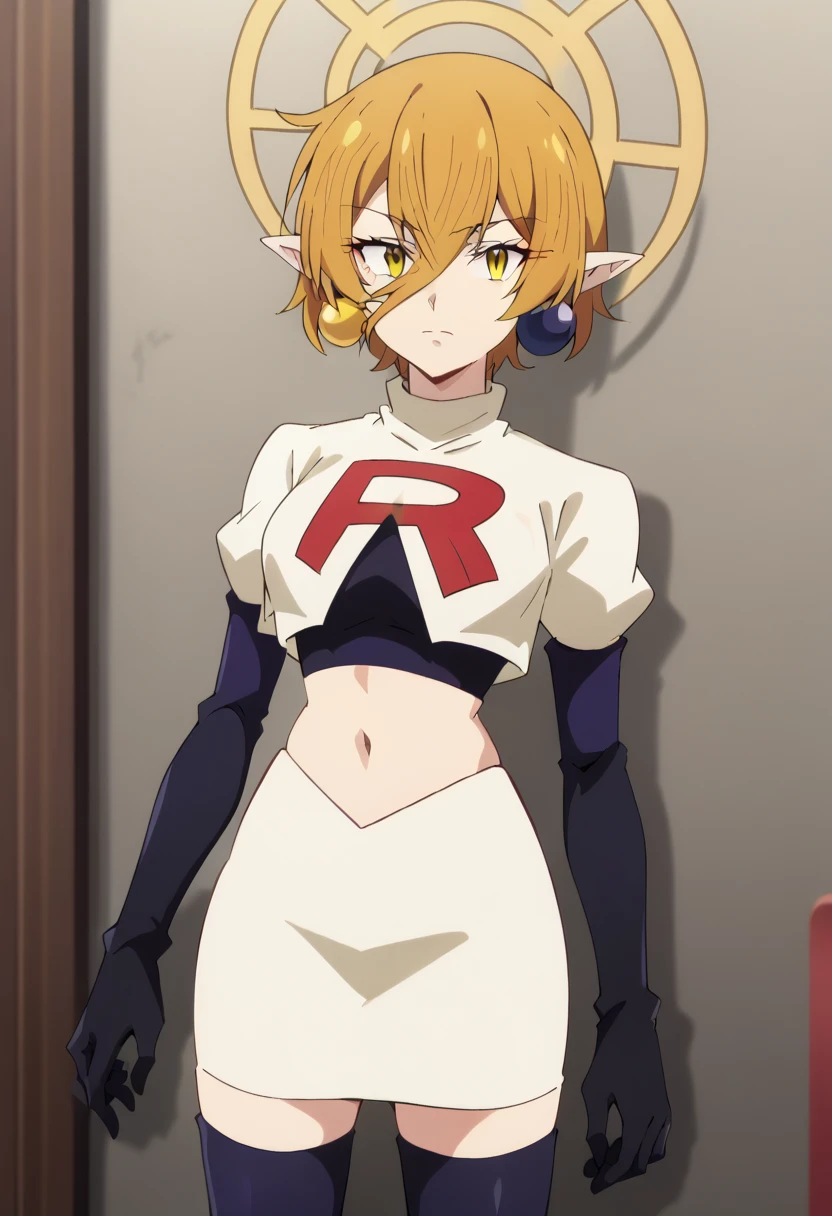 hiya, pointy ears, 1girl, earrings, jewelry, blonde hair, solo, hair between eyes, short hair, halo, yellow eyes , looking at viewer, score_9, score_8_up, score_7_up, , anime coloring ,BREAK source_anime, anime, team rocket,team rocket uniform,white skirt,red letter R,crop top,black thigh-highs,black elbow gloves