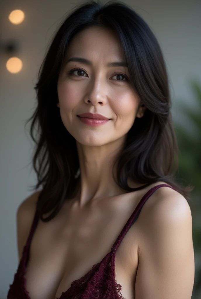 Mature Woman,  Japanese, 48 years old (Mature Beauty: 1.5),  A gentle and seductive smile ,( fine lines of laughter :1.4), Natural Aging 、A warm look, (wavy hair:1.3),  Soft, Natural Wrinkles 、 in the company reception room (1.4),  sharp focus ,  high res,  super detail (1.4),  unrivaled beauty , (Eye Makeup:1.3), (lipstick:1.2), ( eyeshadow), ( mascara),  slim and gentle curves ,  Elegant and elegant posture , Realistic,  realistic  (1.4), masterpiece,  top quality ,  depth of field ,  physically-based rendering,  Fascinating Atmosphere 。　　　　　　　　　　　　　　　　　　　　　　　　　　　　　　　　　　　 Color color design :  Dark blue silk material 、 Deep V-shaped cut design on the chest 。

background: 冬の夜空と星が輝くbackground、 Create serenity with a simple interior。
 pose: Turn your face slightly to the side 、 Show a calm expression 。