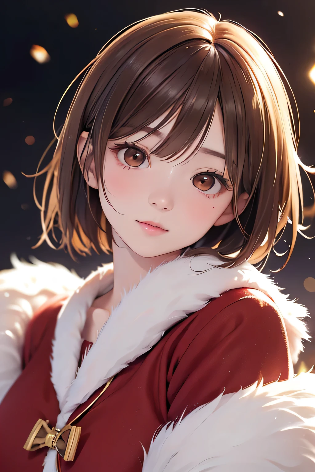  top quality ,  face focus,  soft light,  super high res, ( photo realistic:1.4),  RAW photos ,  1 Japanese Girl , solo,  cute, ( shy smile :0.5), ( brown eyes,  light in the eyes ),  detailed and beautiful face , ( human skin texture high resolution detail), ( short bob hair), night, night空,  Santa Claus clothes,   red clothes