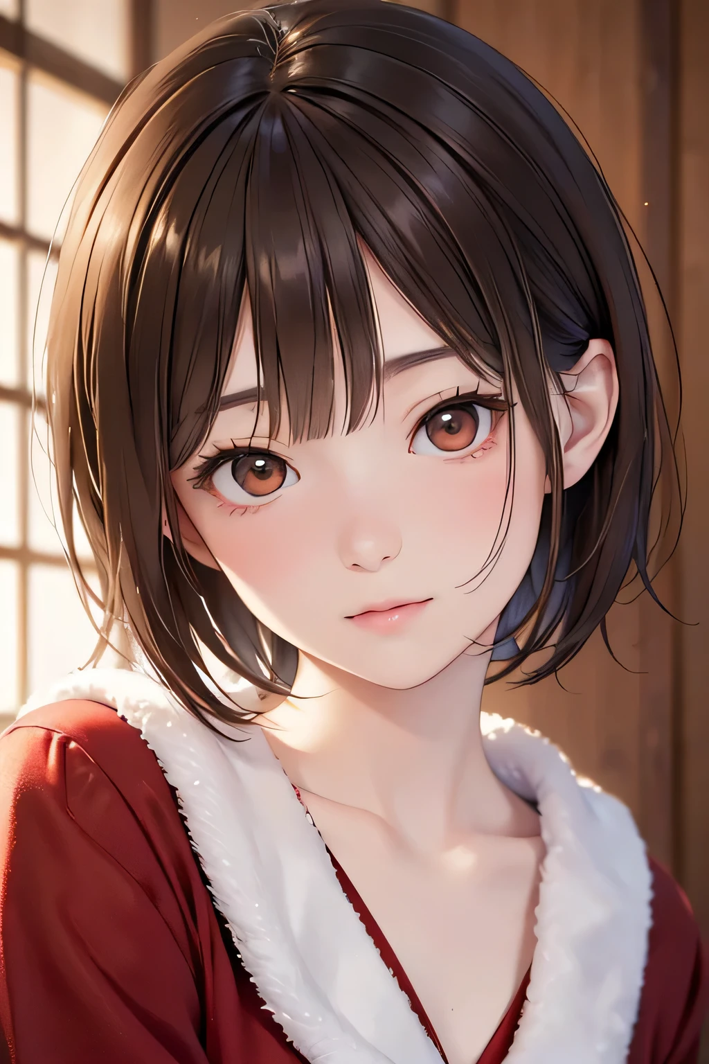  top quality ,  face focus,  soft light,  super high res, ( photo realistic:1.4),  RAW photos ,  1 Japanese Girl , solo,  cute, ( shy smile :0.5), ( brown eyes,  light in the eyes ),  detailed and beautiful face , ( human skin texture high resolution detail), ( short bob hair), night, night空,  Santa Claus clothes,   red clothes