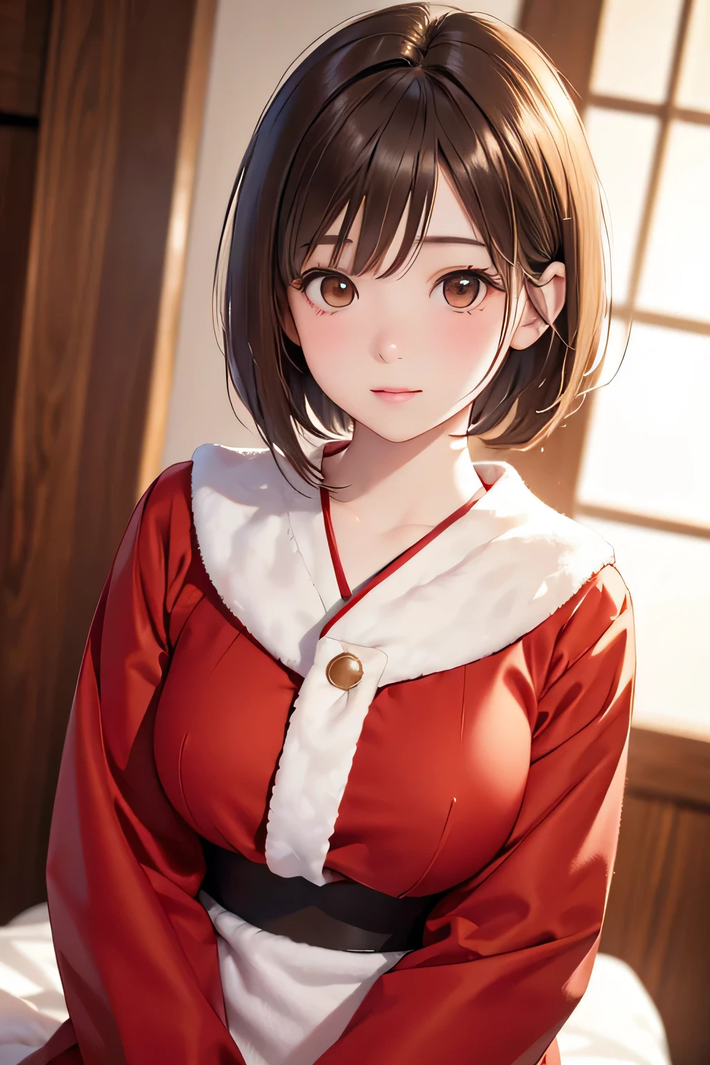  top quality ,  face focus,  soft light,  super high res, ( photo realistic:1.4),  RAW photos ,  1 Japanese Girl , solo,  cute, ( shy smile :0.5), ( brown eyes,  light in the eyes ),  detailed and beautiful face , ( human skin texture high resolution detail), ( short bob hair), night, night空,  Santa Claus clothes,   red clothes