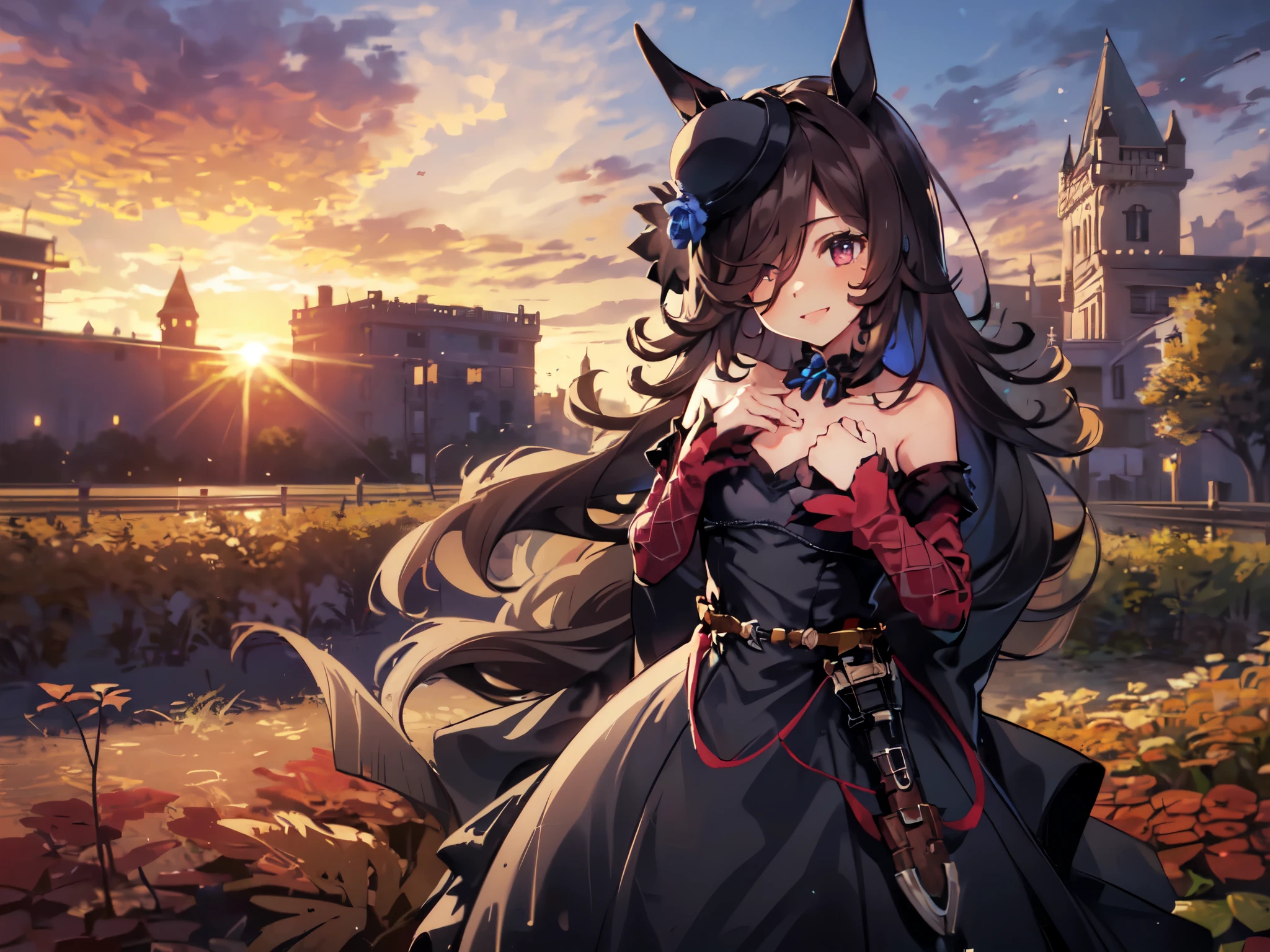 (Solo:2), (1 Female:2), (Durandal), (Short Fingers, Short Arms, Short Legs), (Horse Ears), (Flat Chest), (Smiling, Looking at Camera), (Red Castle Garden), (Sunset), (Focus on Chest), (Carefully Drawn, Amazing Artwork, Top Quality, High Resolution, 8K, Detailed, Delicate),