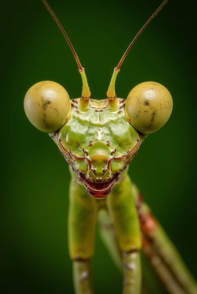 A hyper-realistic, macro close-up of the head of a praying mantis, emphasizing its authentic and anatomically correct chewing mouthparts. The triangular head is sharply focused, showcasing the mantis’s powerful mandibles in their natural form, detailed with tiny serrations and fine textures that reveal their function as a predatory tool. The large, bulbous compound eyes dominate the upper portion of the frame, their surfaces displaying a grid-like structure with subtle color reflections.

The mantis's antennae curve gracefully upward, and the textured exoskeleton of its head is vividly detailed in shades of green with hints of earthy brown. The intricate articulation of its chewing apparatus is illuminated with precision, capturing the realism of its biological design. A slightly open position of the mandibles provides a clear view of their internal structure and functional complexity.

The image is shot using a Nikon D850 camera with a Laowa 100mm f/2.8 2X Ultra Macro APO lens, delivering unparalleled detail and clarity. Lighting is achieved through a ring flash diffuser, ensuring even illumination without harsh shadows. The scene is rendered in 8K resolution, with advanced HDR processing highlighting the depth and texture of the exoskeleton and mandibles. A softly blurred background in muted green tones evokes the mantis's natural environment, drawing attention entirely to its intricate head and chewing mouthparts. The image celebrates the mantis’s predatory elegance, inviting awe at the complexity of its evolutionary adaptations.