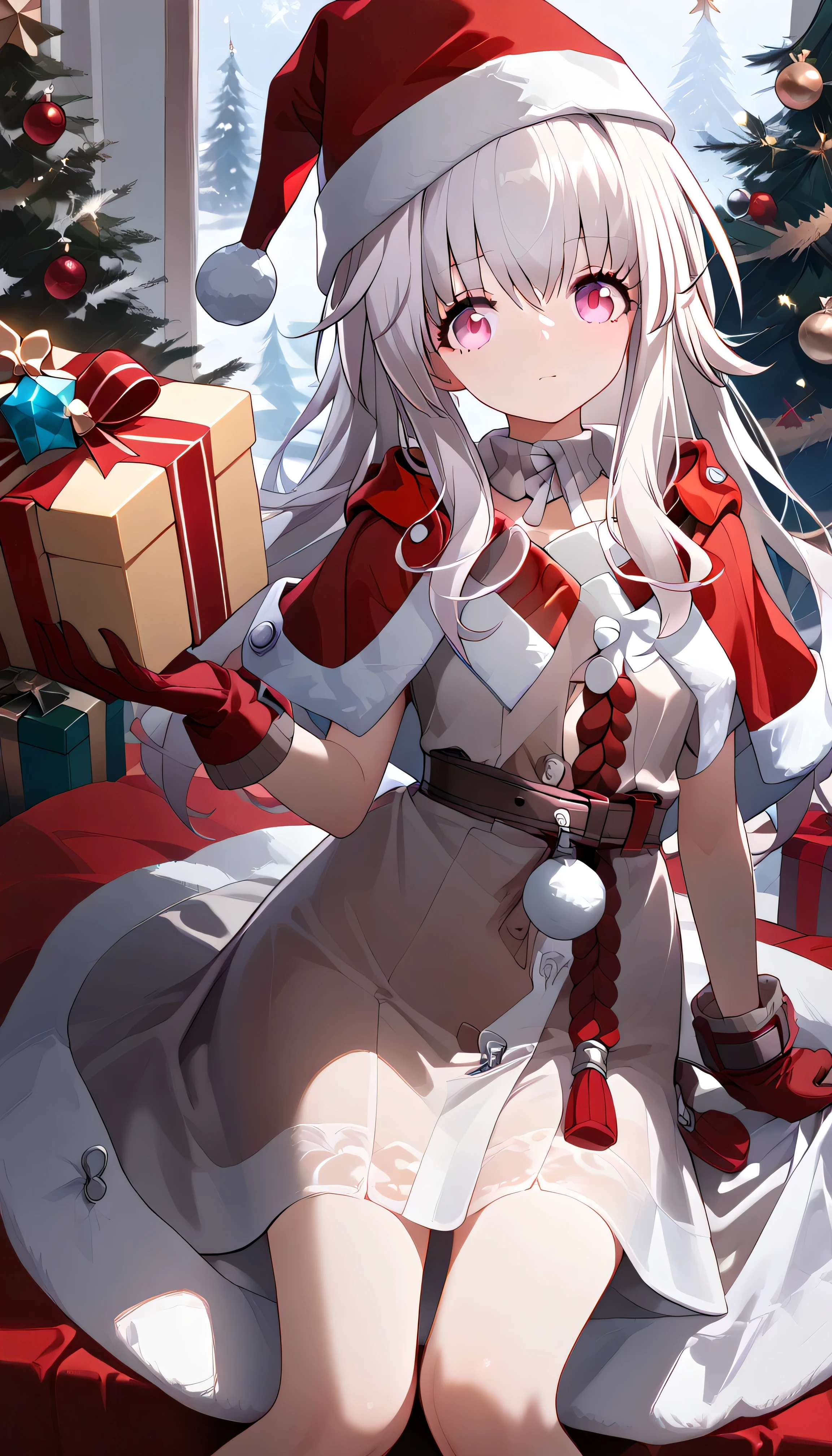 clara (honkai: star rail), 1girl, long hair, white hair, pink eyes,　Alone,  can see her eyebrows through her hair,  hair between eyes,  viewers, masterpiece,  top quality , very aesthetic, santa costume, santa hat, christmas, sack,  Merry Christmas , gift, fur-trimmed headwear, holding sack, santa dress, fur-trimmed dress, christmas tree, christmas tree, fur trim, red capelet, gift box, red gloves, fur-trimmed capelet, santa gloves, red hat, hat,