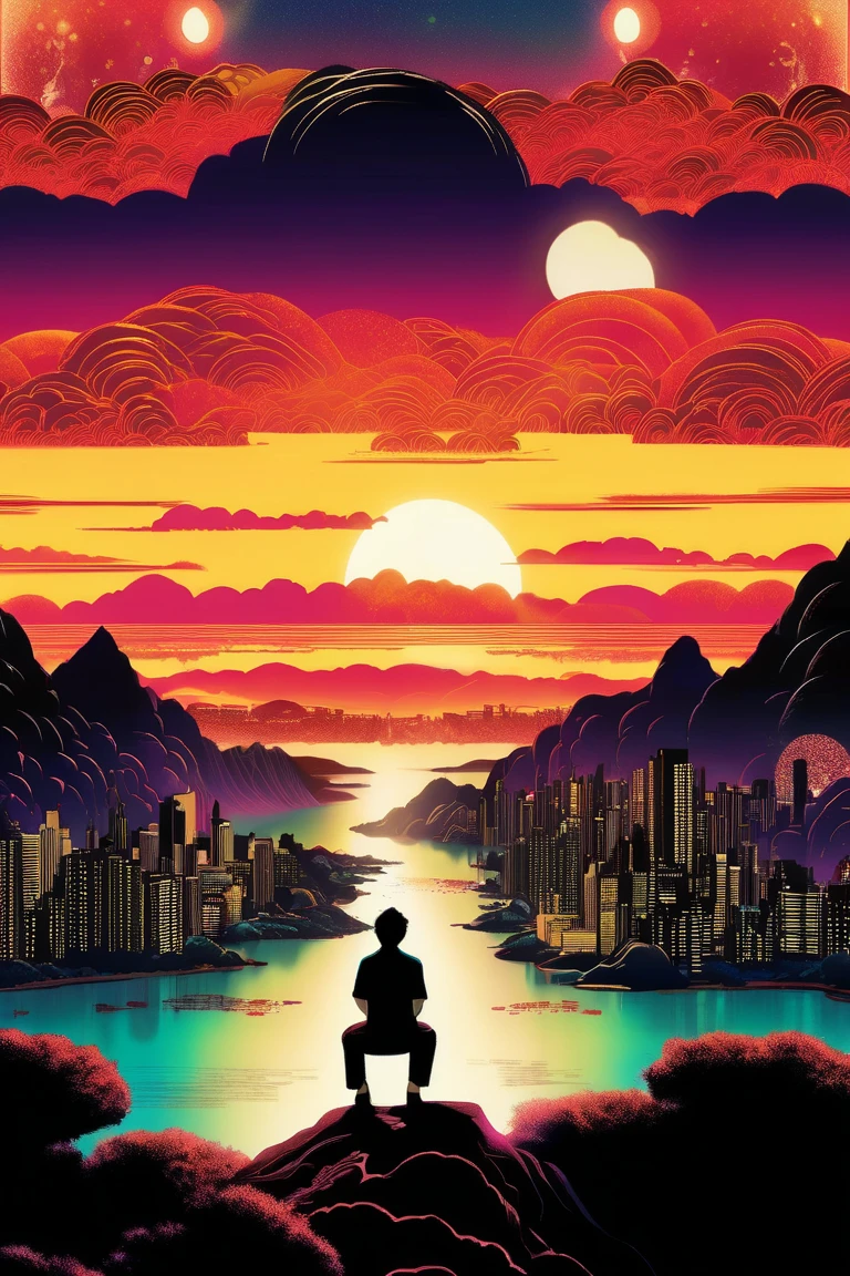  a poster of a 35-year-old man with his back sitting completely on the top of a mountain meditating in nature ,  with black hair and a basic and wavy black t-shirt and in the background a distant city with some tall and dim buildings and a river in the middle. The man has a flashing not so bright aura .  beautiful  movie poster ,  Key art of the film ,  movie poster without text ,  movie poster ,  movie poster , movie poster style ,  film grain,  concept art of the film , ,  cinematic wallpaper 4k ,  cinematic wallpaper 4k , filmic,  cinematic atmosphere , , film records, vibrant acid colors and Magenda,  inspired by graphic novel ,  Detailed comic art ,, in the style of Japanese woodcuts mixed with realism realism ,  luminous and dreamlike scenes 