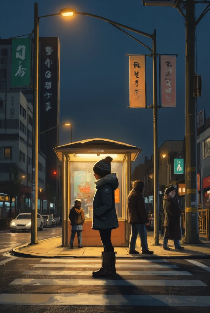 a digital painting in samyangstyle a girl in warm clothes, wearing a woolen hat, standing in the middle of the street, next to a bus stop, billboard, winter night, street light