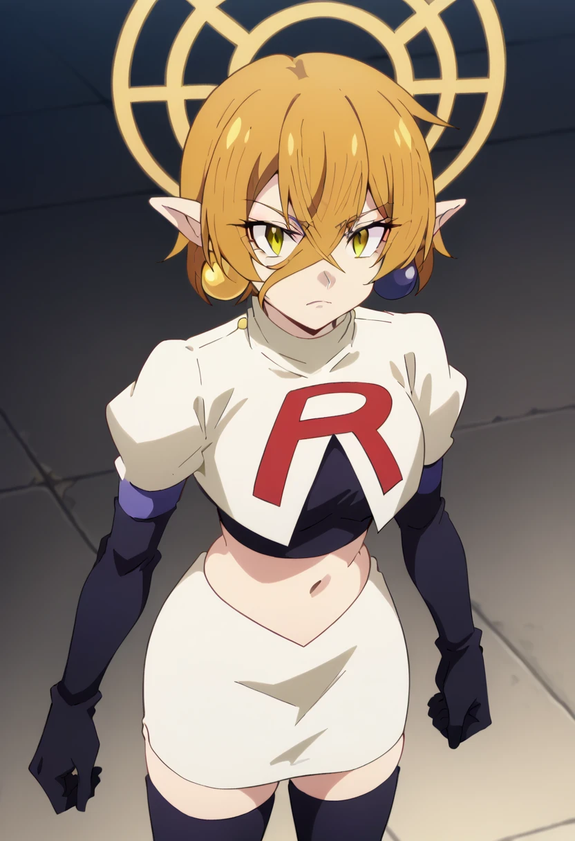 hiya, pointy ears, 1girl, earrings, jewelry, blonde hair, solo, hair between eyes, short hair, halo, yellow eyes , looking at viewer, score_9, score_8_up, score_7_up, , anime coloring ,BREAK source_anime, anime, team rocket,team rocket uniform,white skirt,red letter R,crop top,black thigh-highs,black elbow gloves