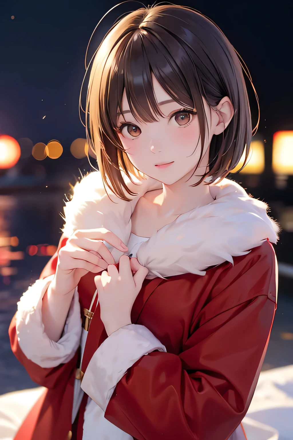  top quality ,  face focus,  soft light,  super high res, ( photo realistic:1.4),  RAW photos ,  1 Japanese Girl , Alone,  cute, ( shy smile :0.5), ( brown eyes,  light in the eyes ),  detailed and beautiful face , ( human skin texture high resolution detail), ( short bob hair), night, Night Sky,  Santa Claus clothes,   red clothes,night blurry background