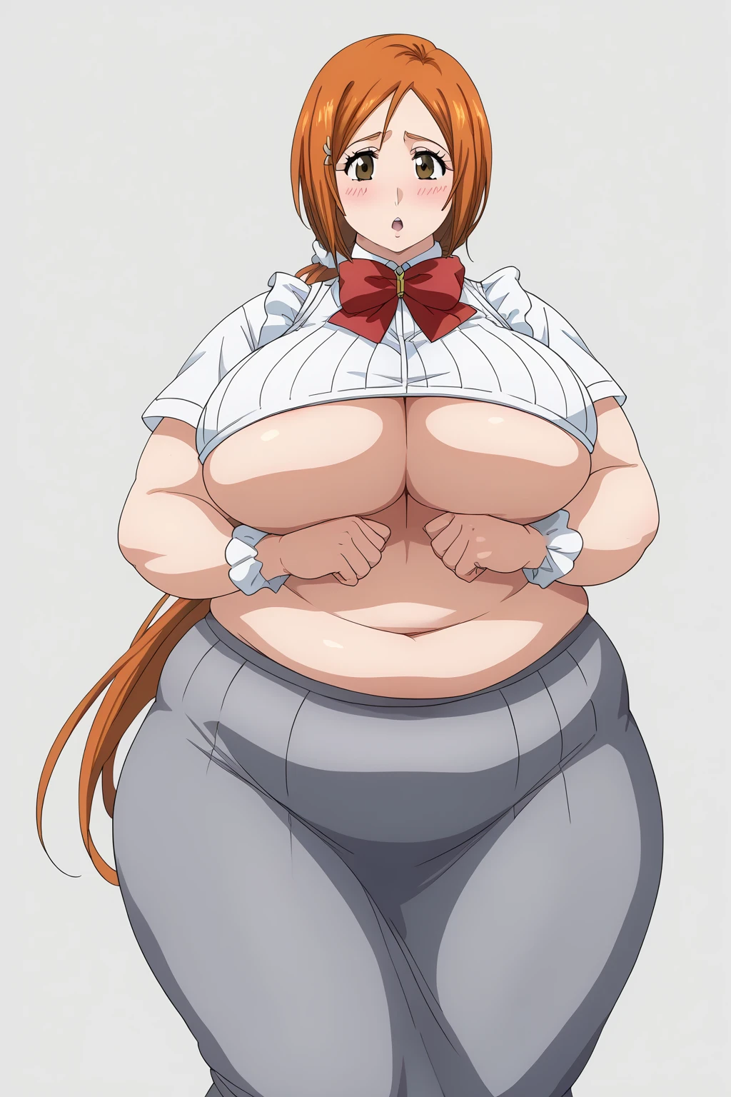 inoue orihime, Orihime Inoue, milf, 40 years old,  long hair,  orange hair,  (brown eyes),low ponytail, I'm tying my hair to one at the back,White scrunchie,  school uniform, sailor suit,  white Y shirt,  Red Bow Tie ,  gray skirt,( miniskirt),  score_9,  score_8_ up,  score_7_ up,  score_6_ up,  score_5_ up,  score_4_ up,  Masterpiece ,  top quality , Very aesthetic,   absurd,  Source_Anime, Anime screencap 一人の女性、Alone、 personal 、Super huge breasts, ((( super huge clevis 、Super huge, Super huge boob))),Curvy、 Wide Hips、 embarrassing expression 、  troubled expression,living,  in her 20s, ssbbw, chybby,blush, Fat face, Married Woman, 