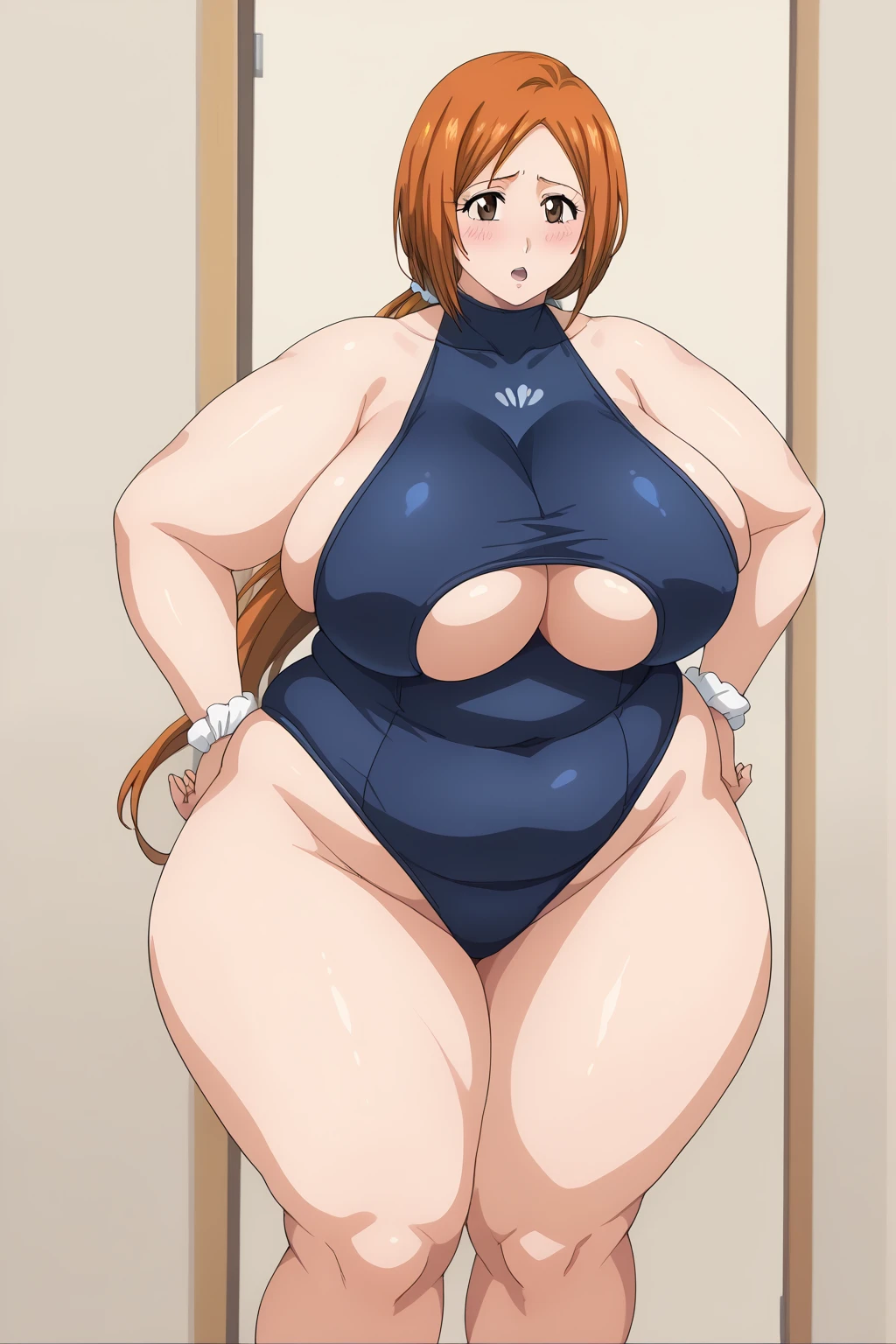 inoue orihime, Orihime Inoue, milf, 40 years old,  long hair,  orange hair,  (brown eyes),low ponytail, I'm tying my hair to one at the back,White scrunchie, ( navy blue school swimsuit), score_9,  score_8_ up,  score_7_ up,  score_6_ up,  score_5_ up,  score_4_ up,  Masterpiece ,  top quality , Very aesthetic,   absurd,  Source_Anime, Anime screencap 一人の女性、Alone、 personal 、Super huge breasts, ((( super huge clevis 、Super huge, Super huge boob))),Curvy、 Wide Hips、 embarrassing expression 、  troubled expression,living,  in her 20s, ssbbw, chybby,blush, Fat face, Married Woman, 