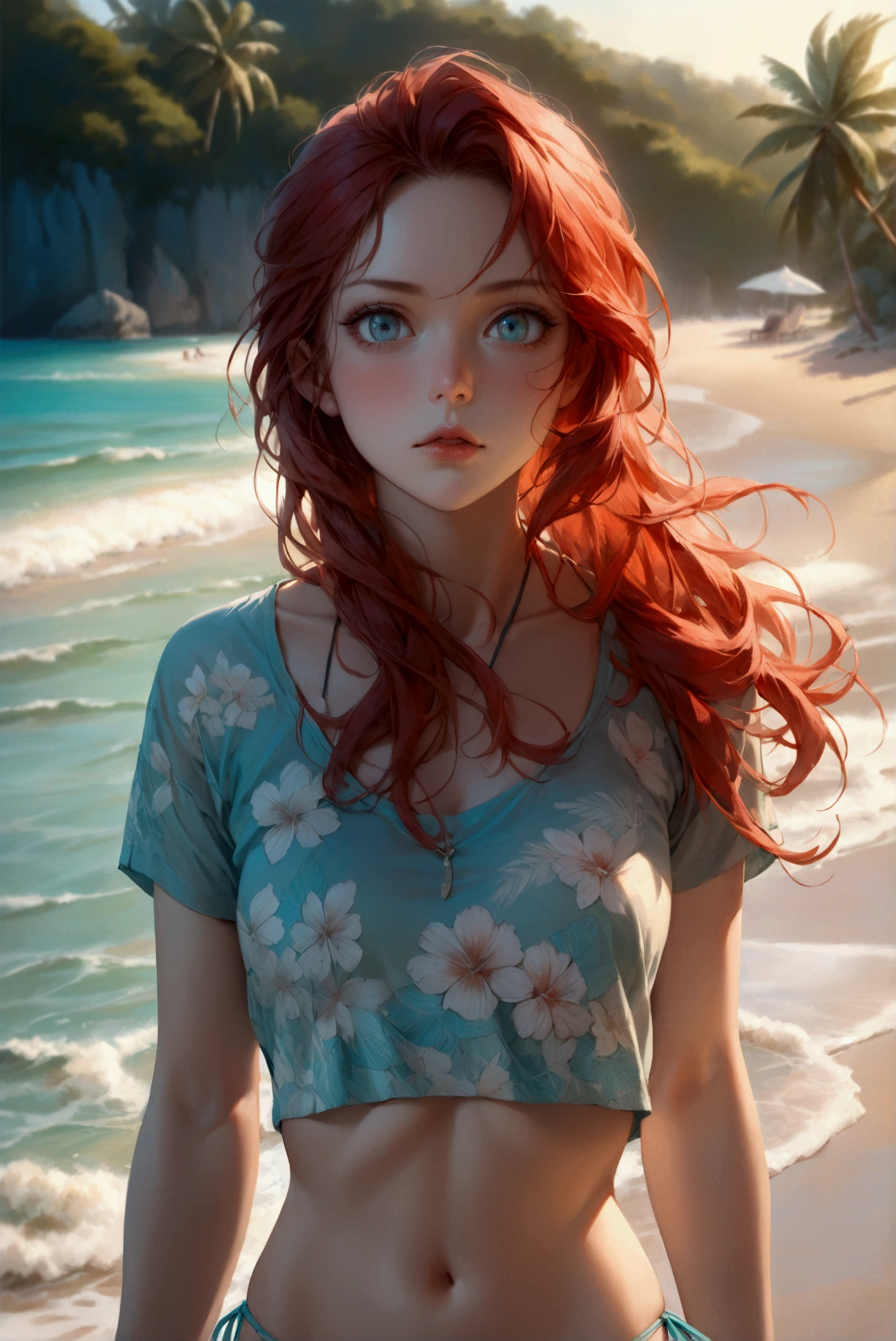 (best quality,ultra-detailed,photo-realistic:1.37), A full-body cinematic shot from below captures a sexy Irish woman at leisure walking on the sandy shore. Under the clear sky, her long wavy red hair is flowing in the ocean breeze, as she is subtly glaring at the camera, giving the viewer a gentle seductive look. Her square face is adorned with pale-green slanted eyes, low cheek bones, Roman nose, square chin and glossy lips. Her cool-undertone fair complexity matches very well with her beach outfit featuring a gray t-shirt paired with a tiffany-blue bikini pants in floral print, accentuating her carefree moment at the beach. The shot is set against an aquamarine coastline in the evening overlooking the deep blue ocean, and tropical flora swaying in the gentle breeze. ((full-body shot)), (anatomically correct), (walking), (looking at the viewer), ((from below)), (square face, square chin, slanted eyes), intricate details, (seductive), cinematic, ((wide angle)), (gray t-shirt, bikini pants), vibrant colors