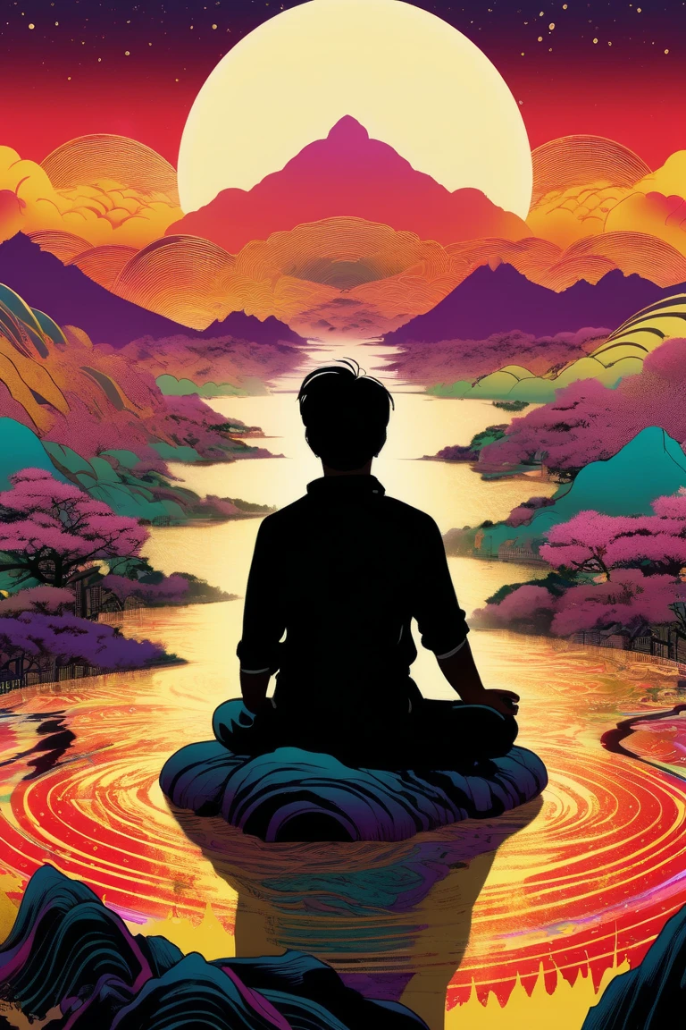 a poster of a 35-year-old man with his back sitting on his back on the top of a mountain meditating in nature ,  with black hair and a basic wavy black t-shirt and in the background a distant city with some tall and faint buildings and a river in the middle. The man has a flashing not so bright aura .  beautiful  movie poster ,  Key art of the film ,  movie poster without text ,  movie poster ,  movie poster , movie poster style ,  film grain,  concept art of the film , ,  cinematic wallpaper 4k ,  cinematic wallpaper 4k , filmic,  cinematic atmosphere , , film records, vibrant acid colors and Magenda,  inspired by graphic novel ,  Detailed comic art ,, in the style of Japanese woodcuts mixed with realism realism ,  luminous and dreamlike scenes 