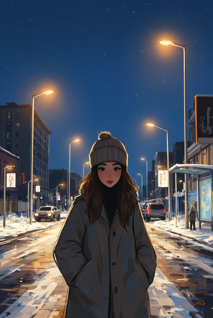 bright light, a digital painting in samyangstyle a girl in warm clothes, wearing a woolen hat, standing in the middle of the street, next to a bus stop, billboard, winter night, street light