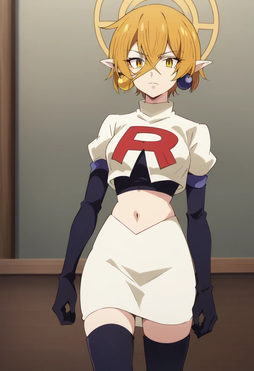 hiya, pointy ears, 1girl, earrings, jewelry, blonde hair, solo, hair between eyes, short hair, halo, yellow eyes , looking at viewer, score_9, score_8_up, score_7_up, , anime coloring ,BREAK source_anime, anime, team rocket,team rocket uniform,white skirt,red letter R,crop top,black thigh-highs,black elbow gloves