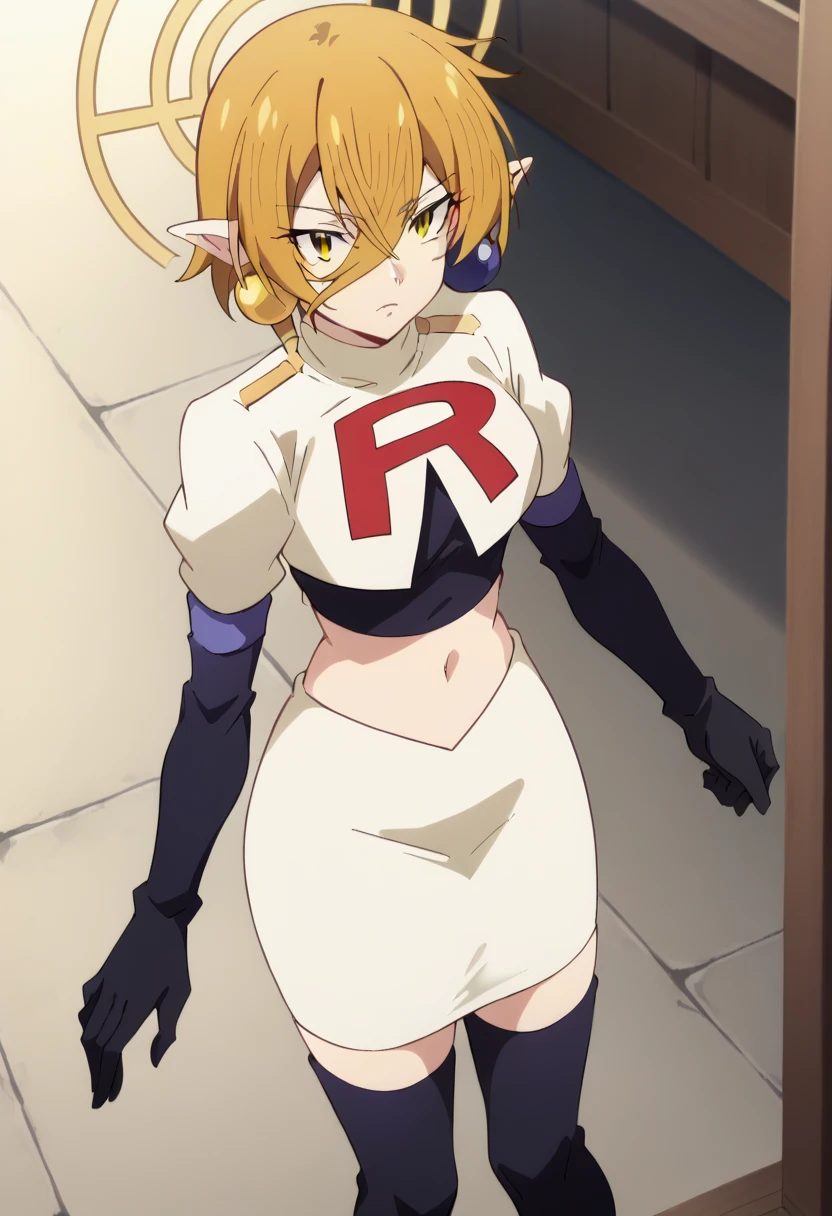 hiya, pointy ears, 1girl, earrings, jewelry, blonde hair, solo, hair between eyes, short hair, halo, yellow eyes , looking at viewer, score_9, score_8_up, score_7_up, , anime coloring ,BREAK source_anime, anime, team rocket,team rocket uniform,white skirt,red letter R,crop top,black thigh-highs,black elbow gloves