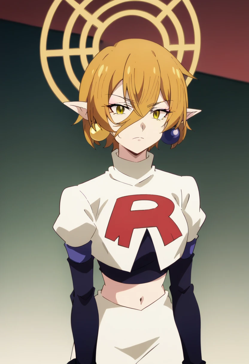 hiya, pointy ears, 1girl, earrings, jewelry, blonde hair, solo, hair between eyes, short hair, halo, yellow eyes , looking at viewer, score_9, score_8_up, score_7_up, , anime coloring ,BREAK source_anime, anime, team rocket,team rocket uniform,white skirt,red letter R,crop top,black thigh-highs,black elbow gloves