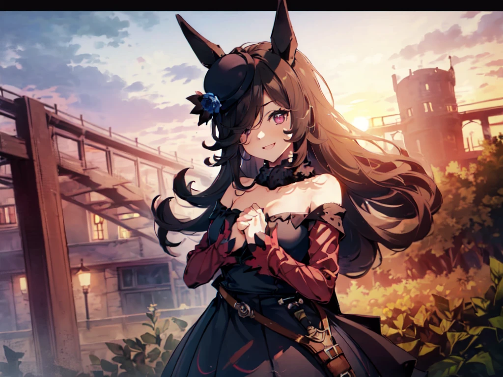 (Solo:2), (1 Female:2), (Durandal), (Short Fingers, Short Arms, Short Legs), (Horse Ears), (Flat Chest), (Smiling, Looking at Camera), (Red Castle Garden), (Sunset), (Focus on Chest), (Carefully Drawn, Amazing Artwork, Top Quality, High Resolution, 8K, Detailed, Delicate),