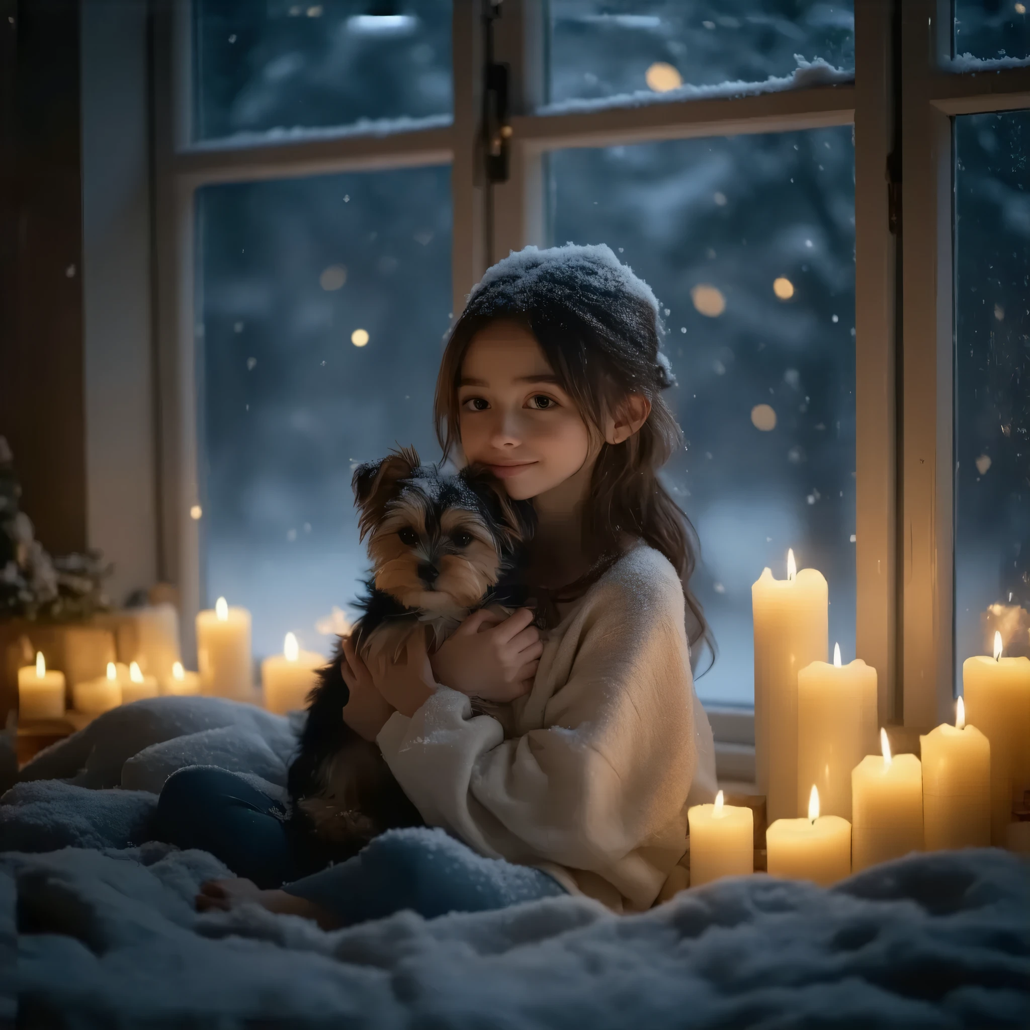 side view portrait of a ********** girl besides window, looking upwards at snow falling outside, snowy winter night, with a lovely Yorkie puppy in her arm, hope for a new start, in background of candle-lighted dark bedroom, photorealisic 8k