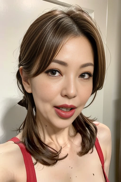    mature，,   top quality,      high res  ,     mature,    mature,    1 girl , Big Breasts, white, Compensate, lipstick,    brown eyes ,  Mister.々  hairstyles at their best ,  Brown Hair,  ,    eyeliner   ,    eyeshadow , (   gentle expression  :1.1), smile,    pin viewers , (  vulgar:1.4), ( Red Nose :1.2),    happy   ,  open her mouth ,     sticking out my tongue , Medical Room,    bright color