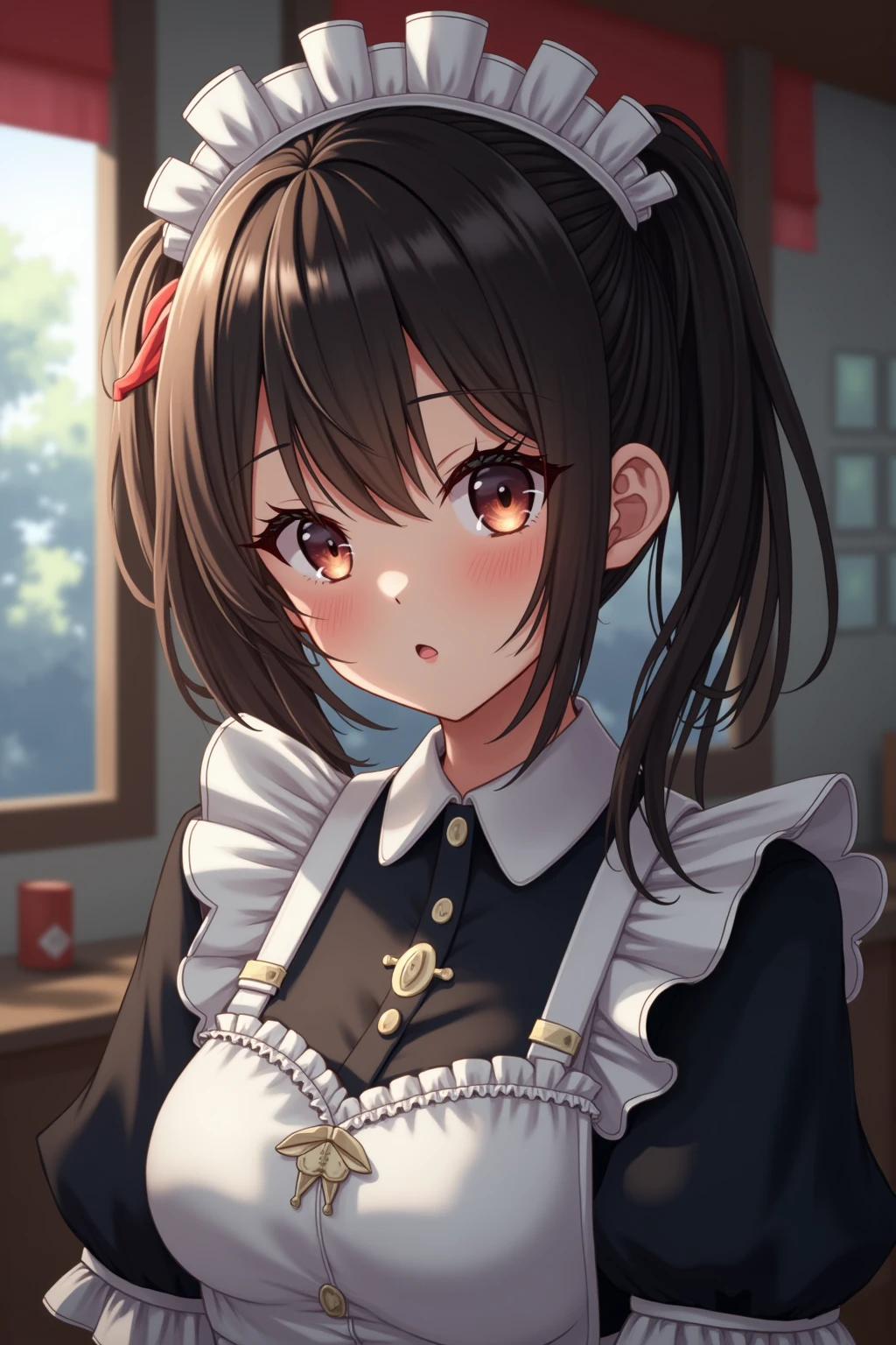 (8K, Highest image quality, highest quality, masterpiece), detailed face, (()), ((girl)), (little curve), black hair, short twintails, pink eyes, ((very small bust)), (flat bust), (naked apron), cowboy shot, put your hand on your mouth, kitchen background, ((very blushing)), ((detailed hands and fingers)), viewer perspective from below, (blush)