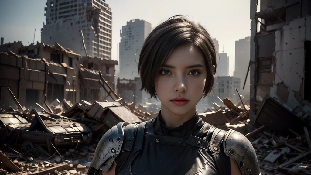 masterpiece,  high resolution ,8K,( Portrait Photos:1.5),(R Original Photo),Reality,Digital Photography,(Ruins of the Apocalypse  ),City ruins，20 year old pretty female ，Short hair，Shut up，  post-apocalyptic scene ， Upper body photography ，Damaged Armor，Full figure