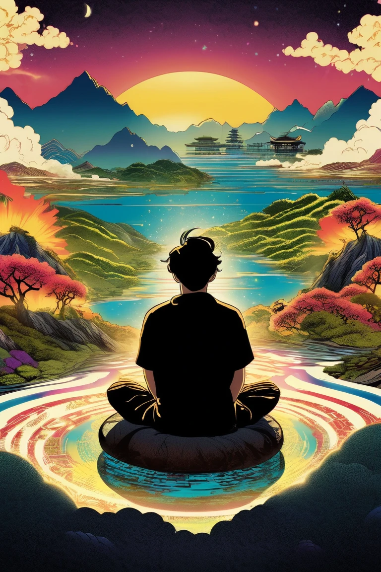 a poster of an enlightened 35-year-old man with his back sitting on his back on the top of a mountain meditating in nature ,  with black hair and a basic wavy black t-shirt and in the background a distant city with tall and dim buildings and a river in the middle.  beautiful  movie poster ,  Key art of the film ,  movie poster without text ,  movie poster ,  movie poster , movie poster style ,  film grain,  concept art of the film , ,  cinematic wallpaper 4k ,  cinematic wallpaper 4k , filmic,  cinematic atmosphere , , film records, vibrant acid colors and Magenda,  inspired by graphic novel ,  Detailed comic art ,, in the style of Japanese woodcuts mixed with realism realism ,  luminous and dreamlike scenes 