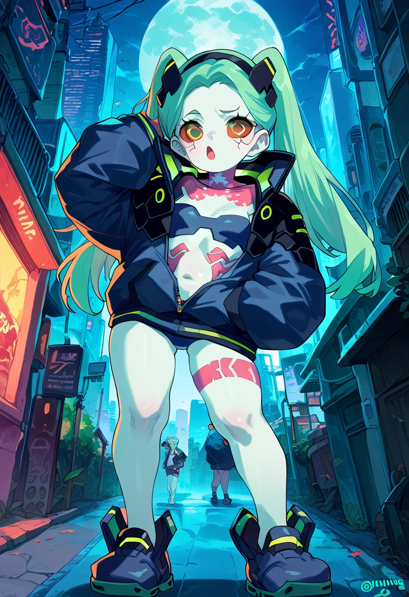 1girl, solo, rebecca \(cyberpunk\), long hair, green eyes, green hair, colored skin, colored sclera, white skin, red sclera, artificial eye, mechanical eye, cyborg, red pupils, small breasts, twintails, underwear, jacket, hairband, bra, black jacket, tattoo, black hairband, black bra, leg tattoo,zipped jacket, neck tattoo, outdoors,cyberpunk, street, night, moon, ((huge cock, big dick and balls)), full body , hungry, (dynamic poses), standing, legs open , cumming