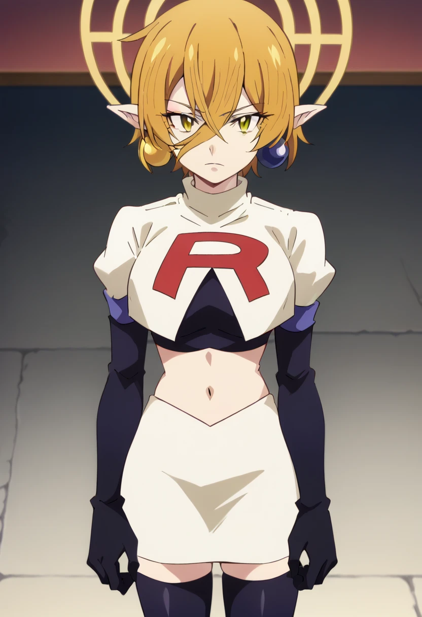 hiya, pointy ears, 1girl, earrings, jewelry, blonde hair, solo, hair between eyes, short hair, halo, yellow eyes , looking at viewer, score_9, score_8_up, score_7_up, , anime coloring ,BREAK source_anime, anime, team rocket,team rocket uniform,white skirt,red letter R,crop top,black thigh-highs,black elbow gloves