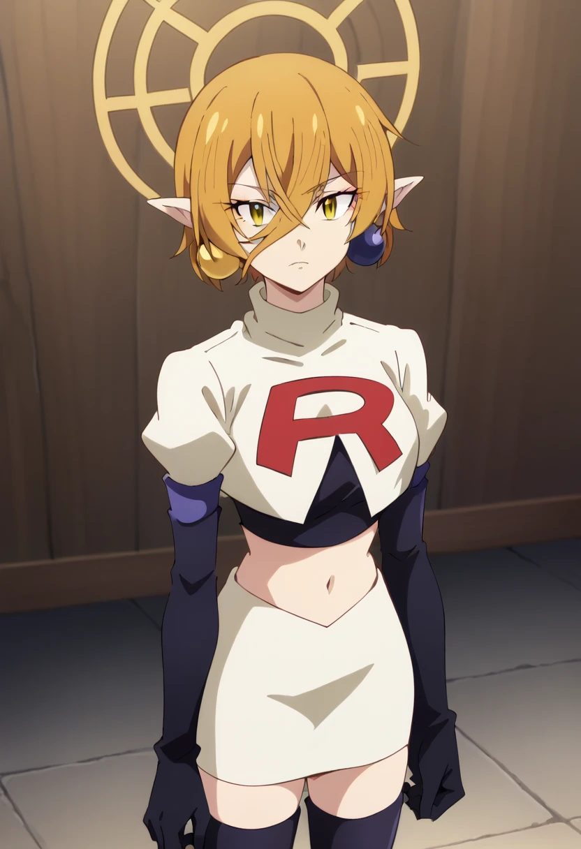 hiya, pointy ears, 1girl, earrings, jewelry, blonde hair, solo, hair between eyes, short hair, halo, yellow eyes , looking at viewer, score_9, score_8_up, score_7_up, , anime coloring ,BREAK source_anime, anime, team rocket,team rocket uniform,white skirt,red letter R,crop top,black thigh-highs,black elbow gloves