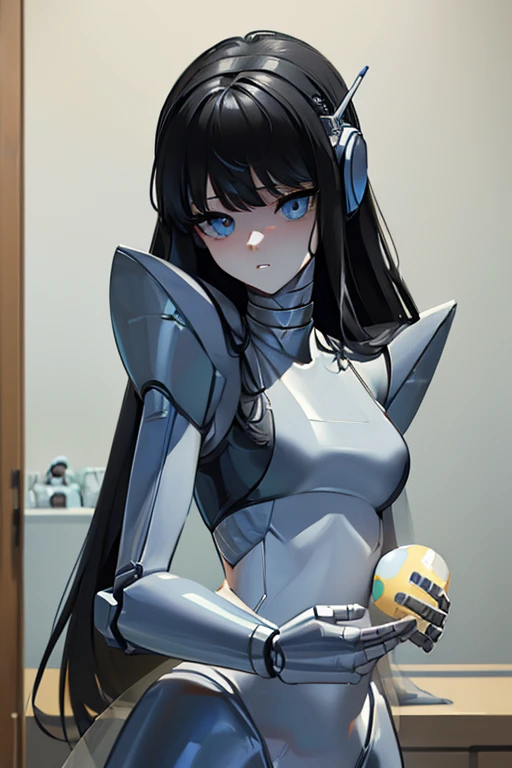 (masterpiece),(Highest quality),(Super detailed),(Best illustrations),(Best Shadow),(Absurd),(Detailed Background),(so beautiful), 16K, 8K, 4K,(Best Shadow),robotization,woman ,big bust,Robot Joint ,Metal skin,Black robot Suit,long hair,a black robot suit that covers the whole body,robot hand,cyber bodysuit,mecha head,(Detailed hands and fingers:1.2),Ball joint robot body,doll joint,beautiful face,beautiful robot girl,robotic eye,robotic hands,(no more human skin),android girl,cyborg girl,F cup, sexy body,(machine made joints:1.2),(machanical limbs:1.1),(blood vessels connected to tubes),(mechanical vertebra attaching to back),(mechanical cervial attaching to neck),no messy picture style,no emotion,tech control,black robot suit,maintenance