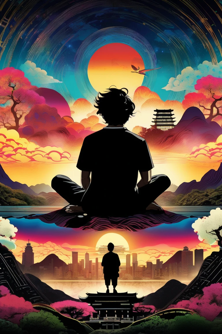 a poster of an enlightened 35-year-old man with his back sitting on his back on the top of a mountain meditating in nature , with black hair and a basic, wavy black t-shirt and in the background a distant city with tall and dim western buildings and a river in the middle.  beautiful  movie poster ,  Key art of the film ,  movie poster without text ,  movie poster ,  movie poster , movie poster style ,  film grain,  concept art of the film , ,  cinematic wallpaper 4k ,  cinematic wallpaper 4k , filmic,  cinematic atmosphere , , film records, vibrant acid colors and Magenda,  inspired by graphic novel ,  Detailed comic art ,, in the style of Japanese woodcuts mixed with realism realism ,  luminous and dreamlike scenes 