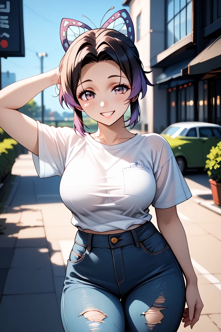 best quality, masterpiece, highres, 1girl,shinobu kocho,((fullbody)),stand up,perfect slim body,smile,large breasts,sexy legs,sexy white tshirt,ripped jeans,looking at viewers,front look,(high detailed skin:1.2), 8k uhd, dslr, soft lighting, high quality, Photograph, high resolution, 4k, 8k, Bokeh, plain white background