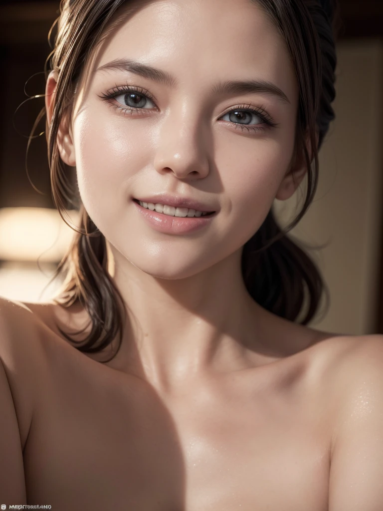 (Enhances the beauty of skin texture:1.1), highest quality、masterpiece, ultra high resolution、(Photoreal:1.4)、RAW photo、1 girl、shiny skin, wet body, dramatic lighting, RAW photo, table top:1.3, Super high resolution:1.0, sharp focus:1.2, beautiful woman with perfect figure:1.4, thin abs:1.2, wet body:1.5, Highly detailed face and skin texture, fine eyes, double eyelid, perfect facial balance, Clean system, smile, Soft light in a beautiful studio, rim light, vivid details, surreal, fine and beautiful skin, realistic skin, rubber suit, beautiful face, Beautiful woman, high solution face, Soft texture, nude, close up of face, glorious skin, face of glory, crazy high resolution, oily skin, oily face
