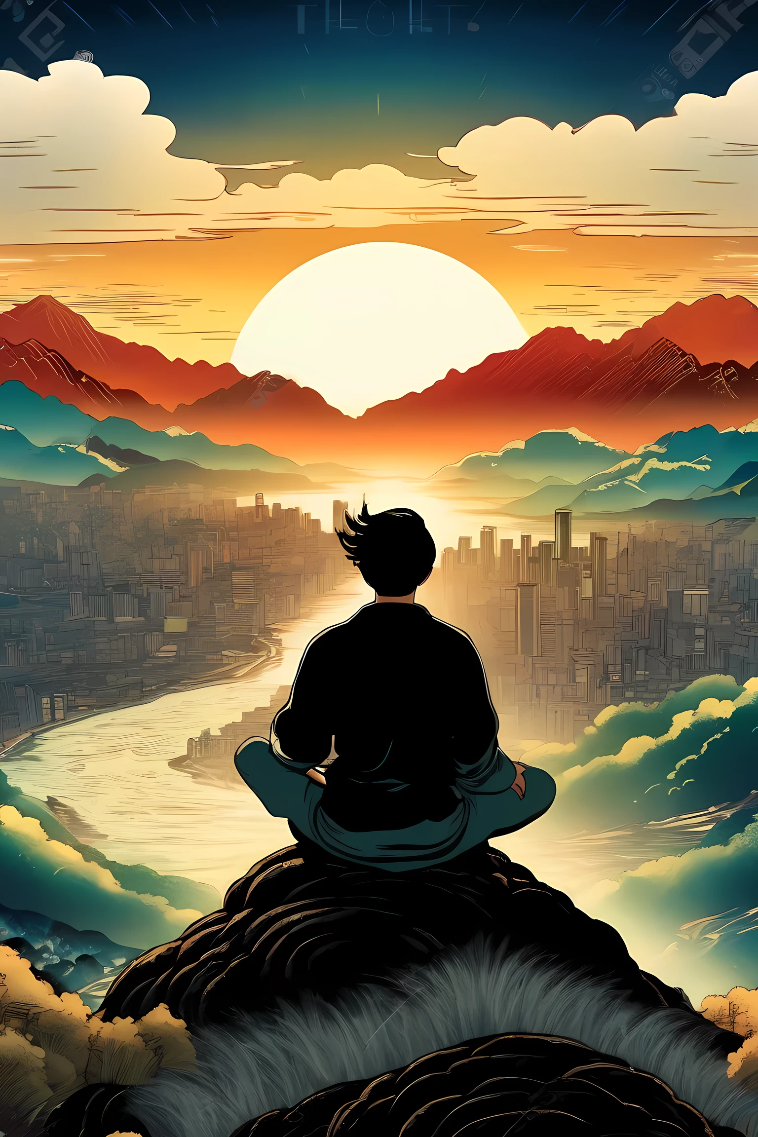   a poster of a man with his back sitting on his back on the top of a mountain meditating in natural, with black hair and a basic, wavy black t-shirt and in the background a distant city with some tall and faint buildings. beautiful  movie poster ,  Key art of the film ,  movie poster without text ,  movie poster ,  movie poster , movie poster style ,  film grain,  concept art of the film , ,  cinematic wallpaper 4k ,  cinematic wallpaper 4k , filmic,  cinematic atmosphere , , film records, vibrant colors,  inspired by graphic novel ,  Detailed comic art ,, in the style of Japanese woodcuts mixed with realism realism ,  luminous and dreamlike scenes 