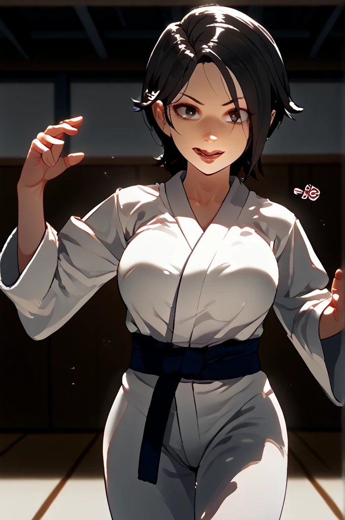  a girl,  High resolution, HD model,  short hair,  black hair, breasts, smile,  Licking lips, Yandere, Jealous, Lonely,  Looking at the spectator, judo suit ,  environment in a dojo ,  in a fighting pose