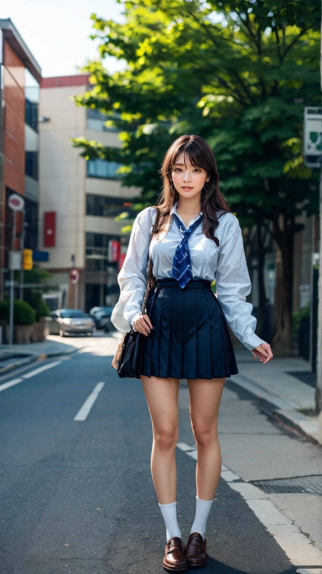 a beautiful 18 year old Japanese high school girl with perfect anatomy, healthy thighs, beautiful legs, beautiful skin, random hair color and style, large breasts, (wearing a Japanese schoolgirl uniform:1.3), (she is standing:1.2), penny loafers, holding a student bag, full body shot, standing on a city street, (best quality,4k,8k,highres,masterpiece:1.3),(extremely detailed:1.2), photorealistic, ultra-detailed, vivid colors, studio lighting, professional, Kana Kurashina