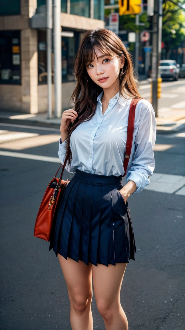 a beautiful 18 year old Japanese high school girl with perfect anatomy, healthy thighs, beautiful legs, beautiful skin, random hair color and style, large breasts, (wearing a Japanese schoolgirl uniform:1.3), (she is standing:1.2), penny loafers, holding a student bag, full body shot, standing on a city street, (best quality,4k,8k,highres,masterpiece:1.3),(extremely detailed:1.2), photorealistic, ultra-detailed, vivid colors, studio lighting, professional, Kana Kurashina