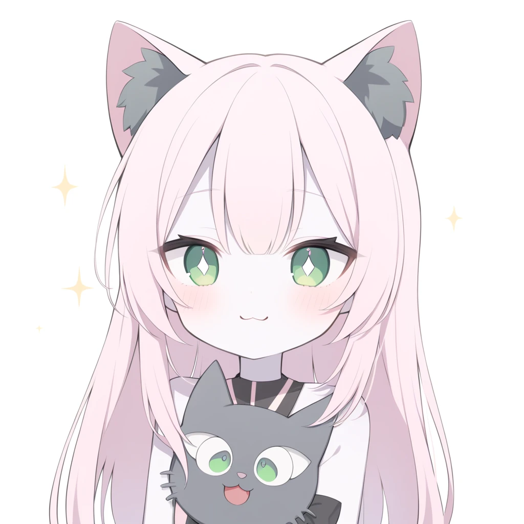  Medium quality ,  A girl, pale skin, blush, rosy shoulders , series,  long hair, straight hair,  fringe on eyes ,  green eyes,  dark green pupils ,  white glitter on the eyes, gray glasses , neko girl, Alone,  white background,  light pink hair, >:3