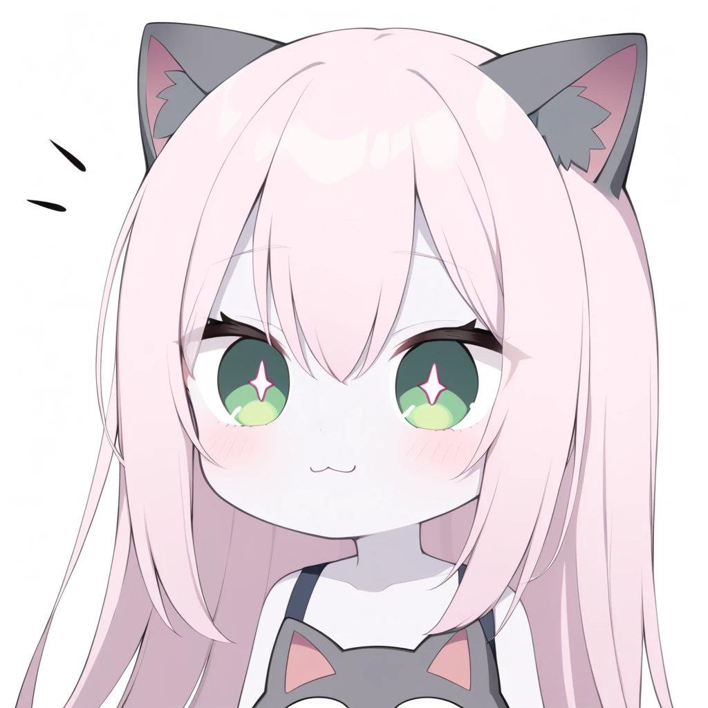  Medium quality ,  A girl, pale skin, blush, rosy shoulders , series,  long hair, straight hair,  fringe on eyes ,  green eyes,  dark green pupils ,  white glitter on the eyes, gray glasses , neko girl, Alone,  white background,  light pink hair, >:3