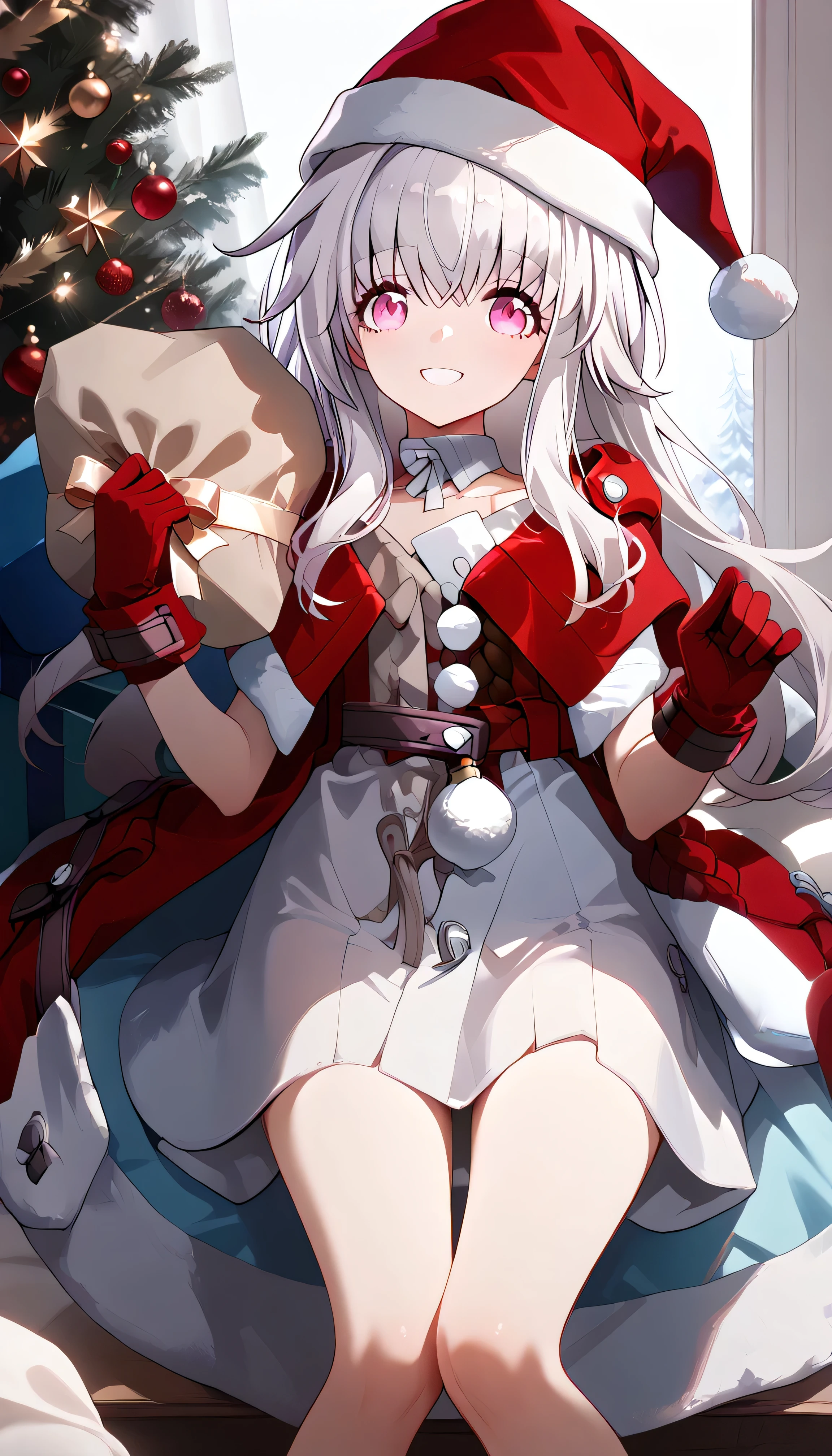 clara (honkai: star rail), 1girl, long hair, white hair, pink eyes,　Alone,  can see her eyebrows through her hair,  hair between eyes,  viewers, masterpiece,  top quality , very aesthetic, santa costume, santa hat, christmas, sack,  Merry Christmas , gift, fur-trimmed headwear, holding sack, santa dress, fur-trimmed dress, christmas tree, christmas tree, fur trim, red capelet, gift box, red gloves, fur-trimmed capelet, santa gloves, red hat, hat,　smile