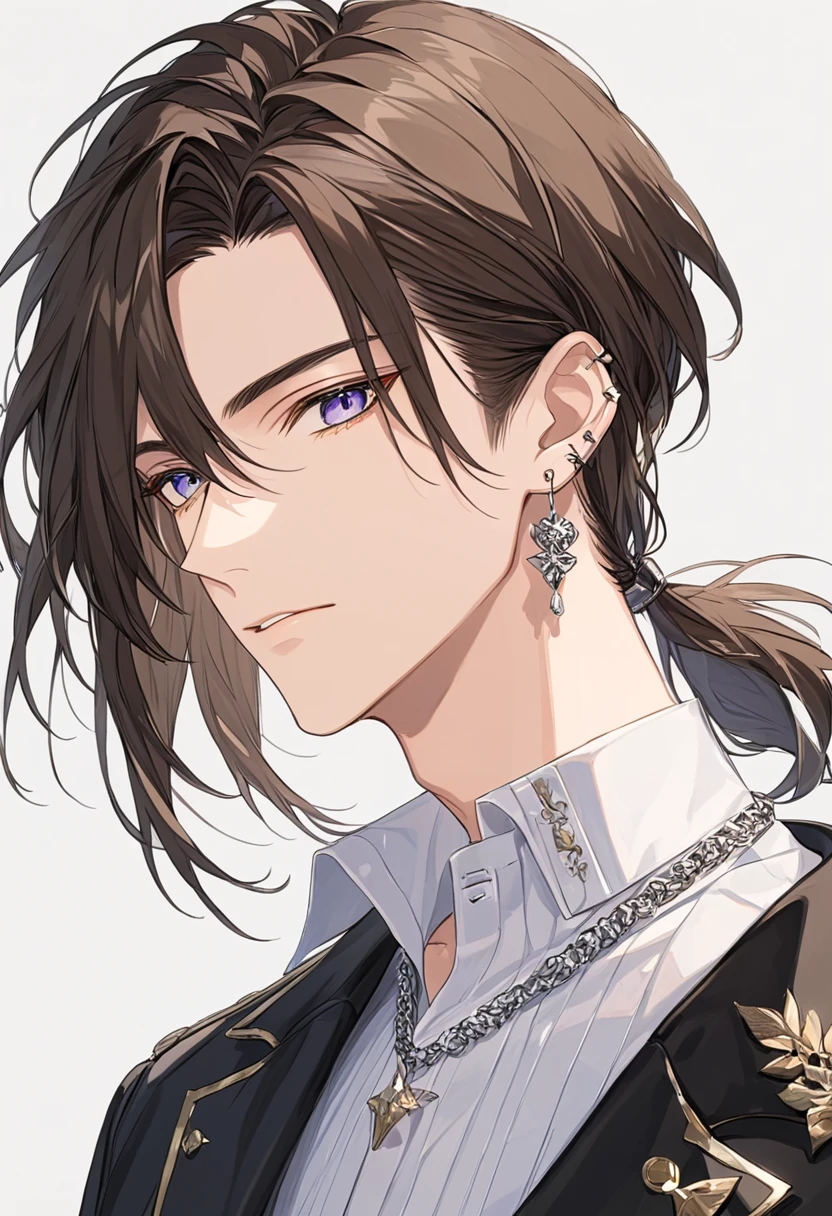 （extremely detailed CG:1.5）、（crisp quality:1.5）、male、Alone、Beautiful Youth、（detailed facial depiction :1.3）、mole under eye、Brown Hair、 semi-long、half updo、black jacket、straight pants、Bringing faces closer、Earrings、 silver necklace 、living、looking at viewer、from side、 upper body