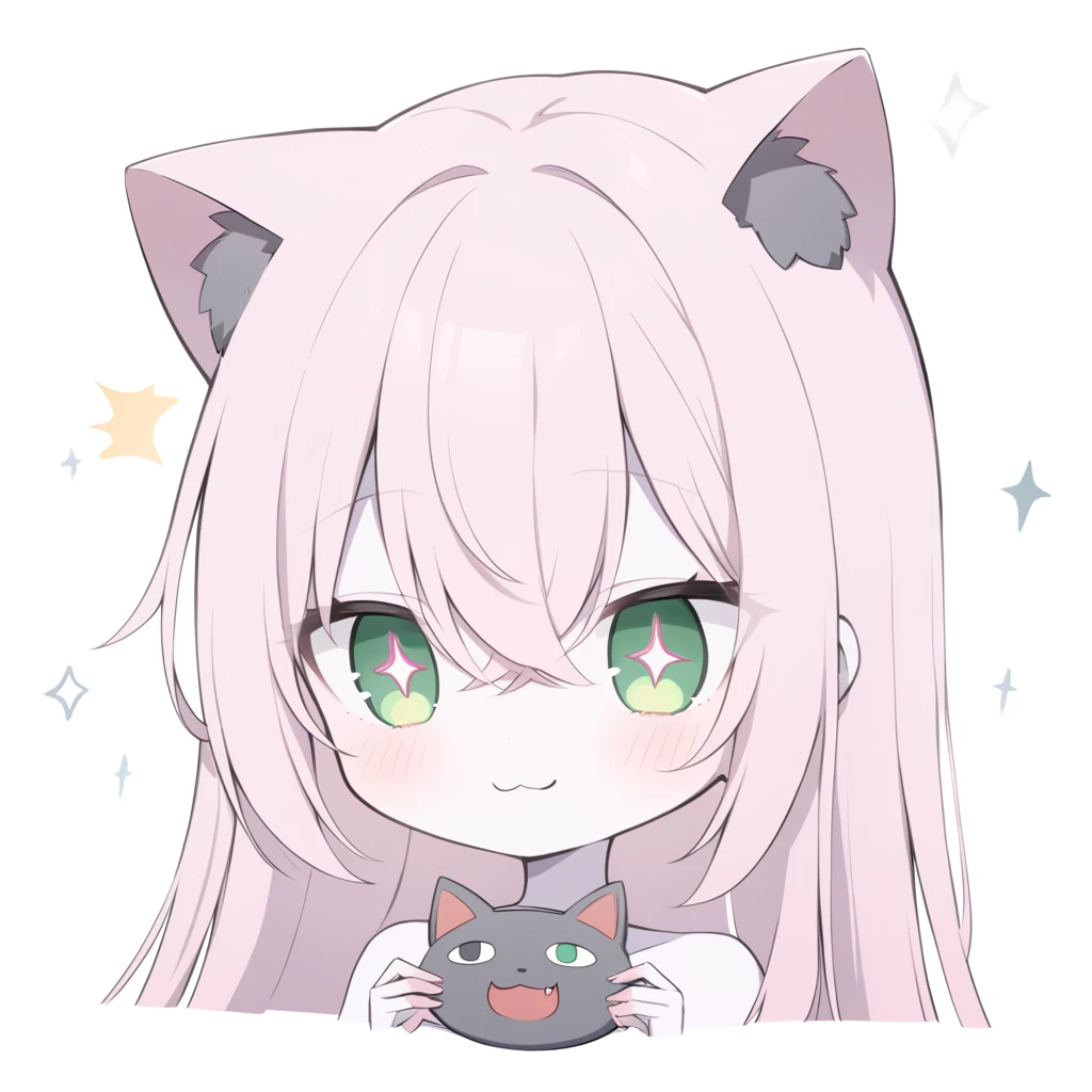  Medium quality ,  A girl, pale skin, blush, rosy shoulders , series,  long hair, straight hair,  fringe on eyes ,  green eyes,  dark green pupils ,  white glitter on the eyes, gray glasses , neko girl, Alone,  white background,  light pink hair, >:3