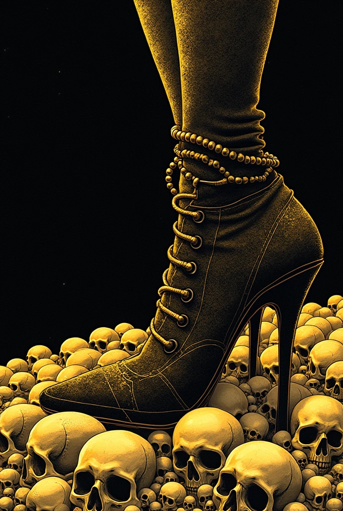  gold illustration on black background ,Lots of skulls rolling to the ground are stepped on huge high-heeled feet,mcbess poster,  Detailed photo of the album cover  , hypervivid intense mcbess,  Space horror illustration , mcbess, by Tom La Padula,  Hilix artwork , mcbess illustration,  Cosmic Horror Paintings ,  inspired by Michael Defoge illustration ,  decorative galactic gold ,  Detailed Cover Artwork , Gold skull